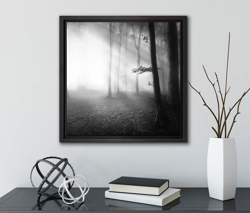 Düsterer Wald im Nebel  auf Leinwandbild Quadratisch gerahmt mit Kirschblüten