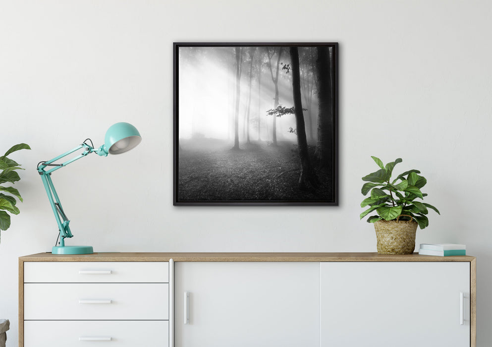 Düsterer Wald im Nebel auf Leinwandbild gerahmt Quadratisch verschiedene Größen im Wohnzimmer