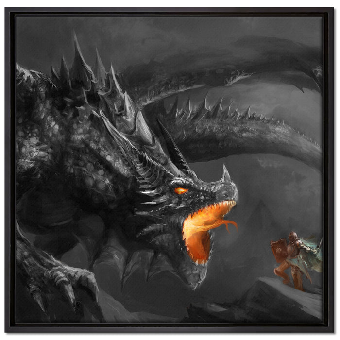 Kampf zwischen Mensch und Drache auf Leinwandbild Quadratisch gerahmt Größe 70x70