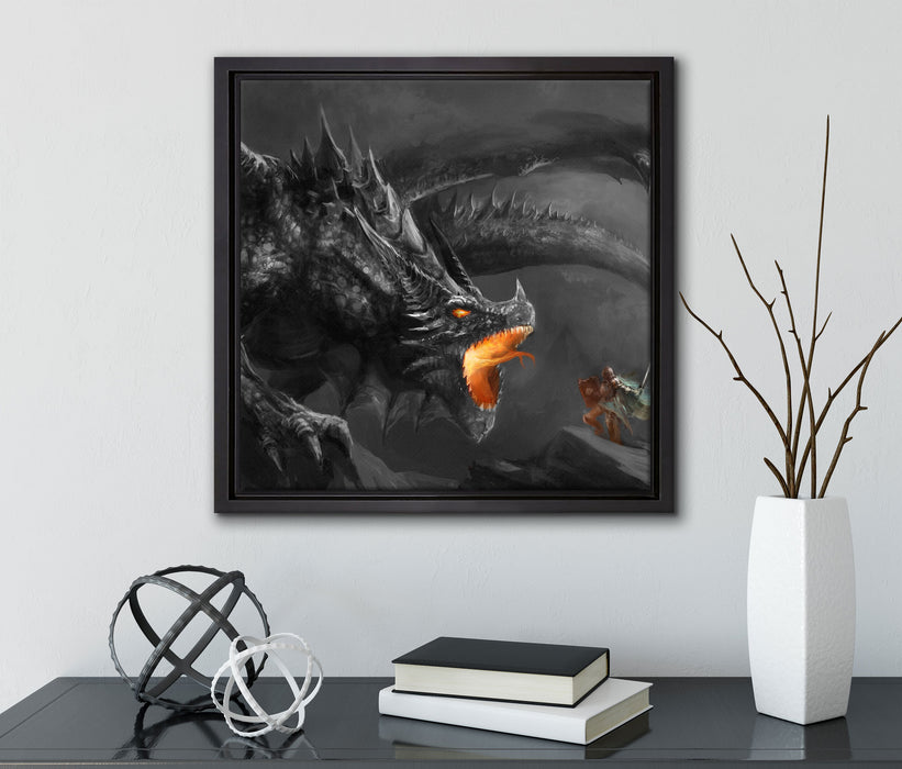 Kampf zwischen Mensch und Drache  auf Leinwandbild Quadratisch gerahmt mit Kirschblüten