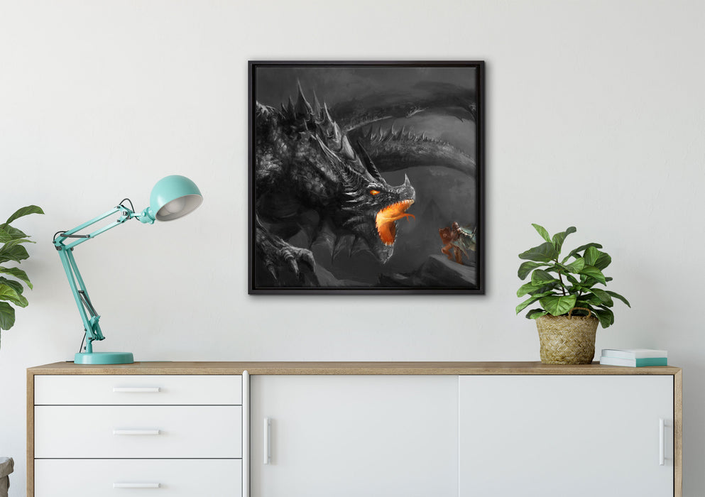 Kampf zwischen Mensch und Drache auf Leinwandbild gerahmt Quadratisch verschiedene Größen im Wohnzimmer