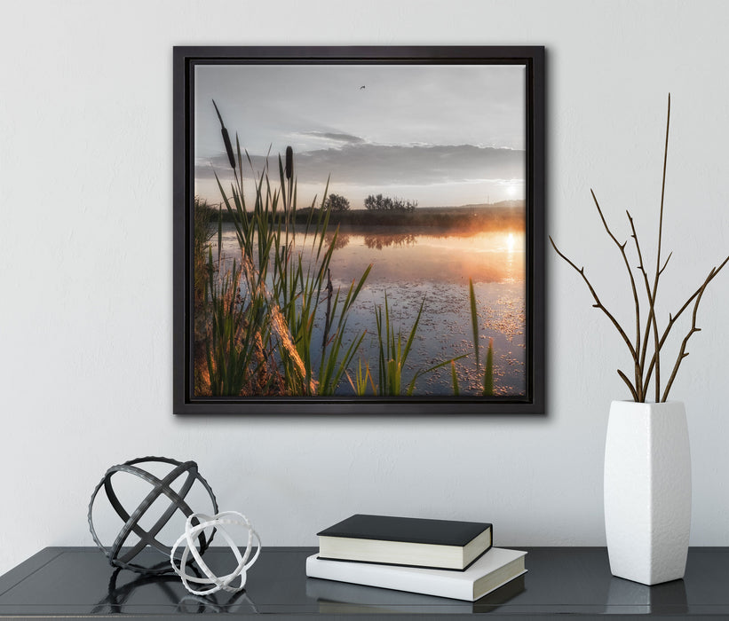Sonniger Morgen am See  auf Leinwandbild Quadratisch gerahmt mit Kirschblüten