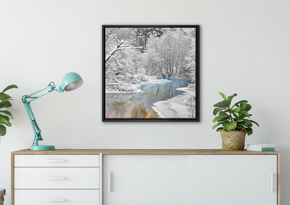 Atemberaubende Winterlandschaft auf Leinwandbild gerahmt Quadratisch verschiedene Größen im Wohnzimmer