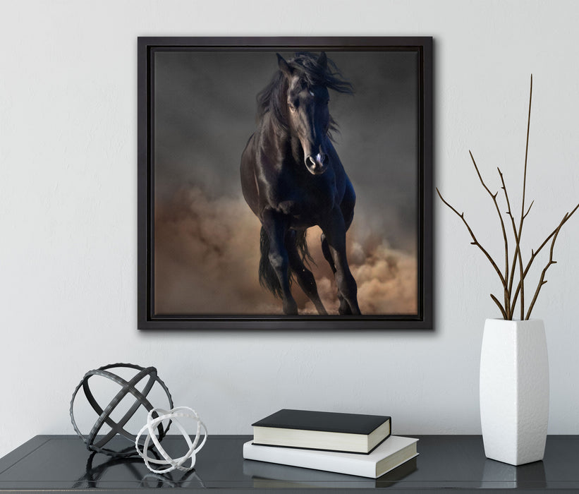 Elegantes schwarzes Pferd  auf Leinwandbild Quadratisch gerahmt mit Kirschblüten