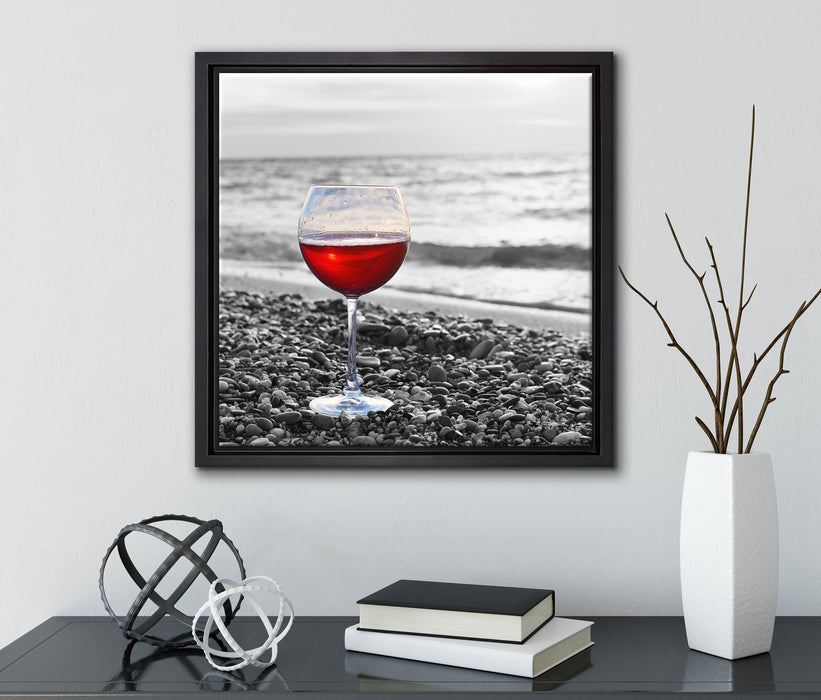 Weinglas am Strand  auf Leinwandbild Quadratisch gerahmt mit Kirschblüten
