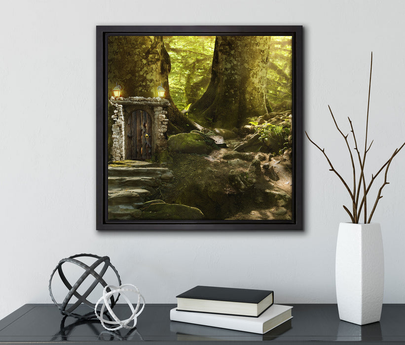 Geheimes Tor im Wald  auf Leinwandbild Quadratisch gerahmt mit Kirschblüten