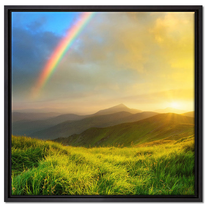 Berge mit Regenbogen am Himmel auf Leinwandbild Quadratisch gerahmt Größe 60x60