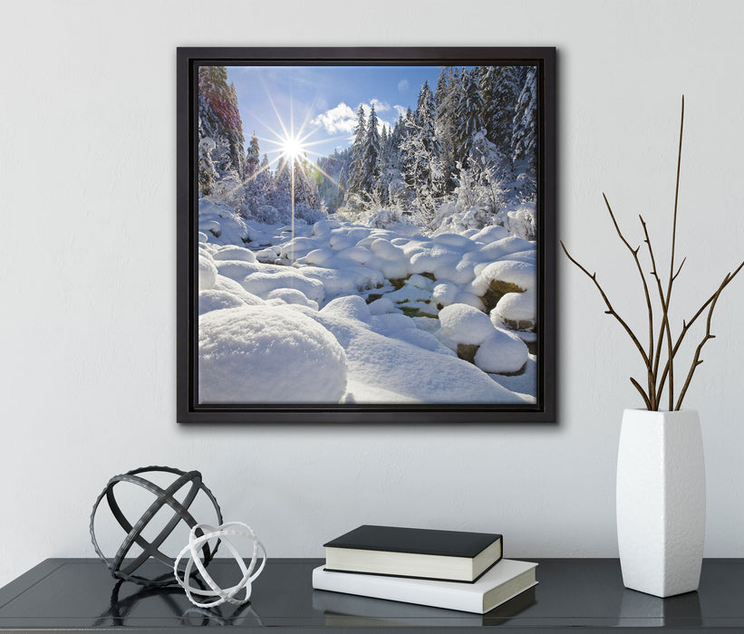Sonnenstrahlen im Wald  auf Leinwandbild Quadratisch gerahmt mit Kirschblüten