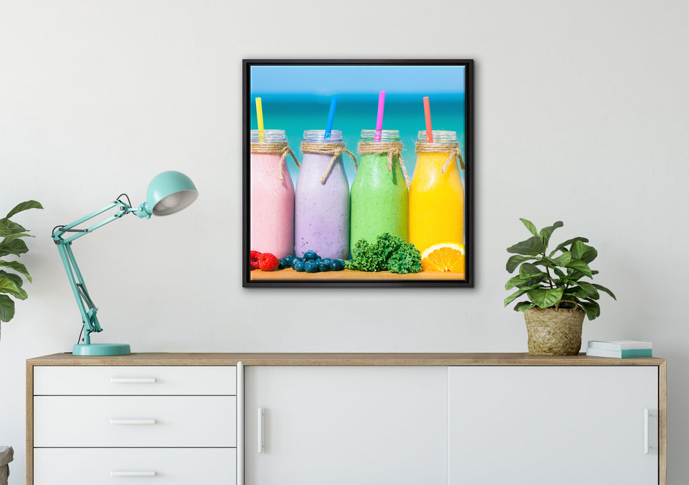 Smoothies in verschiedenen Farben auf Leinwandbild gerahmt Quadratisch verschiedene Größen im Wohnzimmer