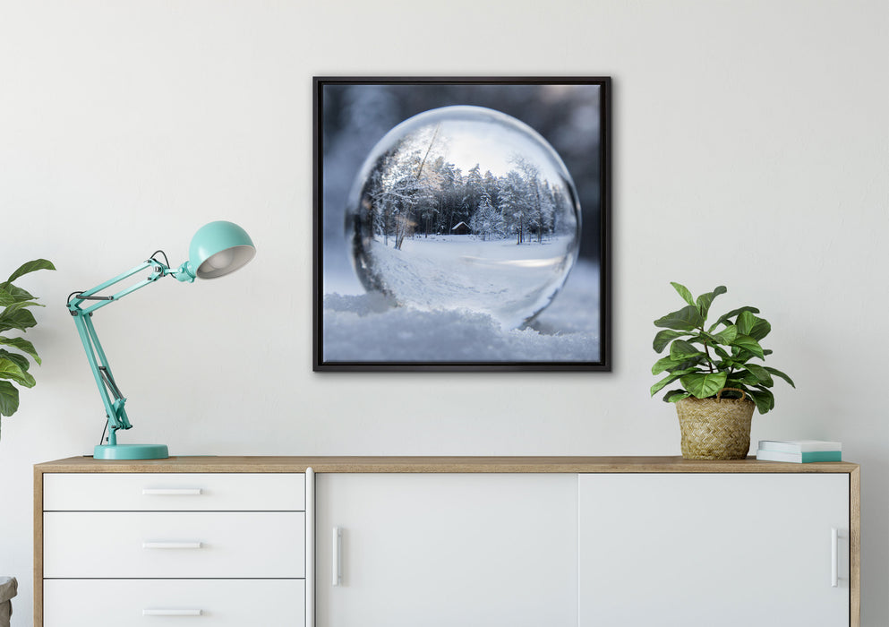 Eiskugel Winterlandschaft auf Leinwandbild gerahmt Quadratisch verschiedene Größen im Wohnzimmer