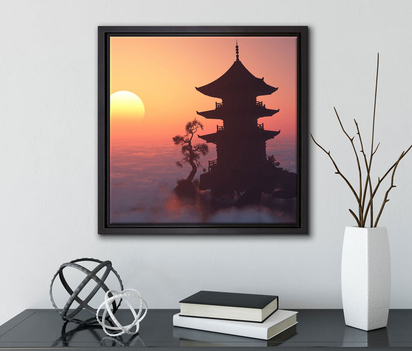 Buddhistischer Tempel in Asien  auf Leinwandbild Quadratisch gerahmt mit Kirschblüten