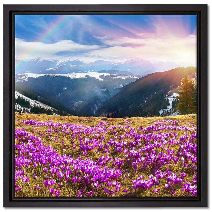 Berge mit Regenbogen auf Leinwandbild Quadratisch gerahmt Größe 40x40