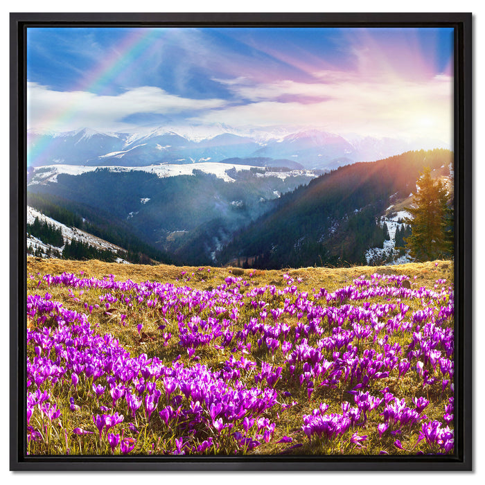 Berge mit Regenbogen auf Leinwandbild Quadratisch gerahmt Größe 60x60