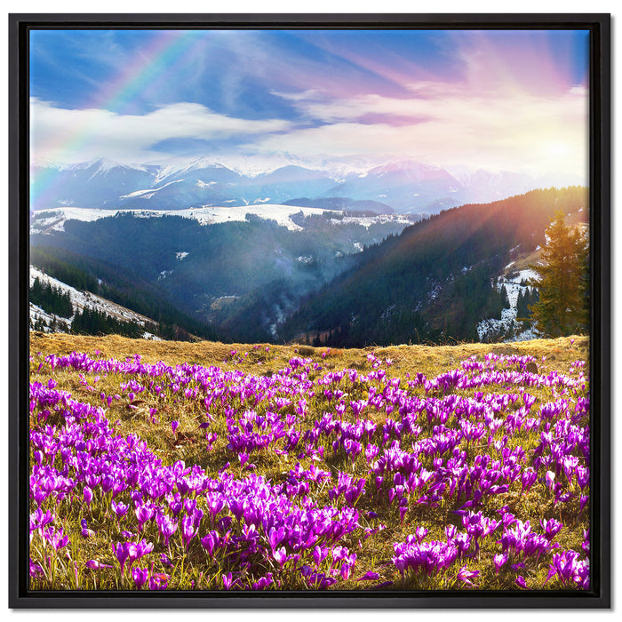 Berge mit Regenbogen auf Leinwandbild Quadratisch gerahmt Größe 70x70