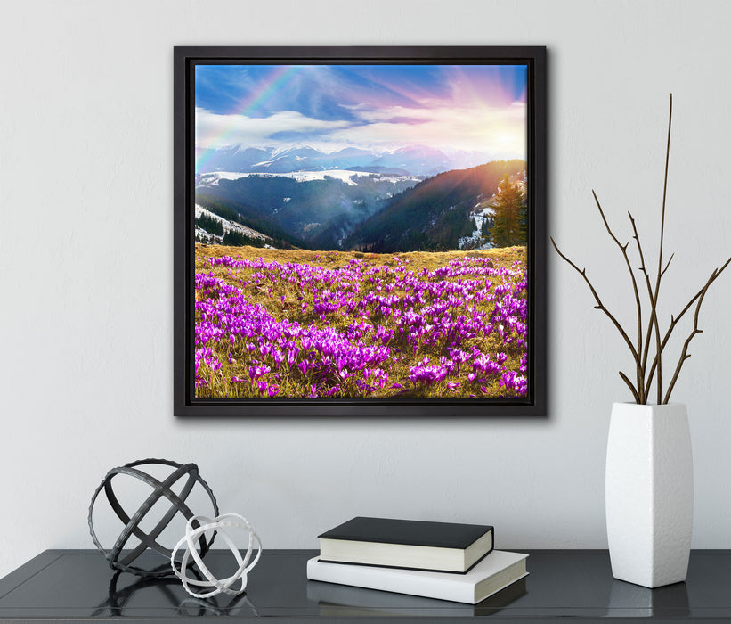 Berge mit Regenbogen  auf Leinwandbild Quadratisch gerahmt mit Kirschblüten