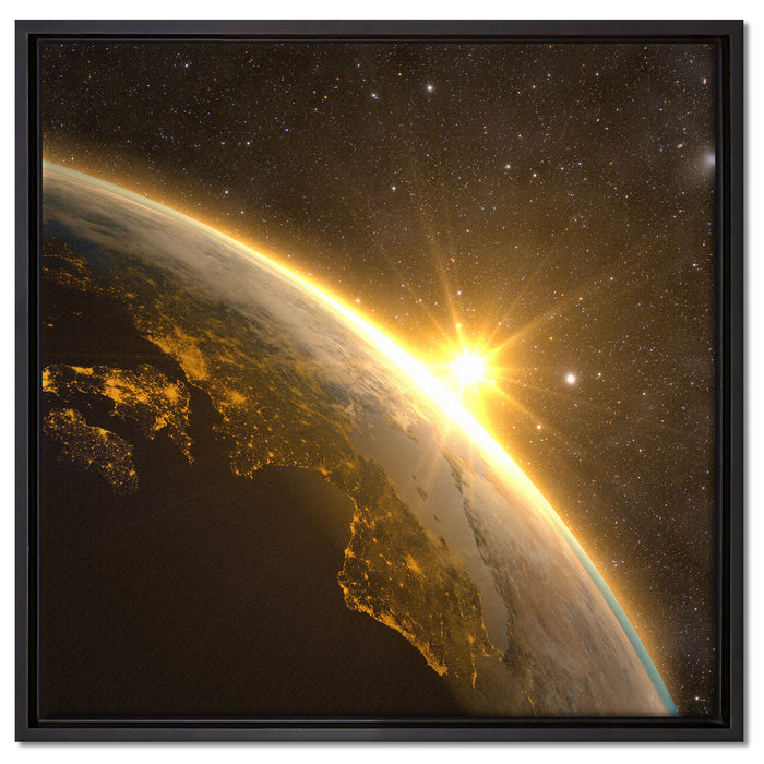 Die Sonne und Erde im Weltall auf Leinwandbild Quadratisch gerahmt Größe 60x60