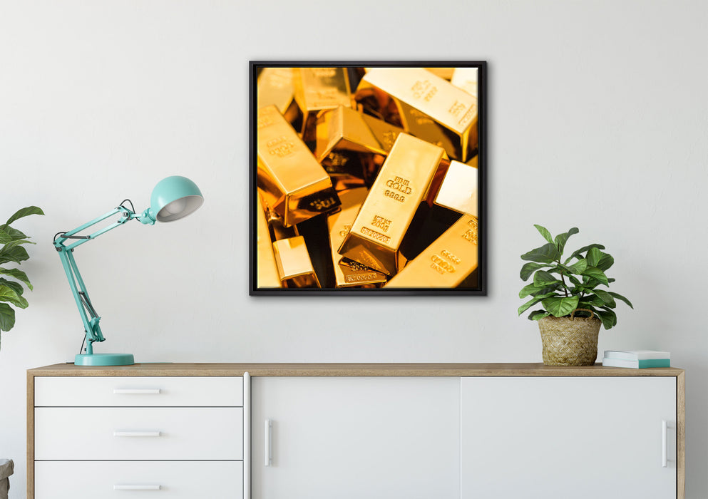 Eine Menge an Goldbarren auf Leinwandbild gerahmt Quadratisch verschiedene Größen im Wohnzimmer