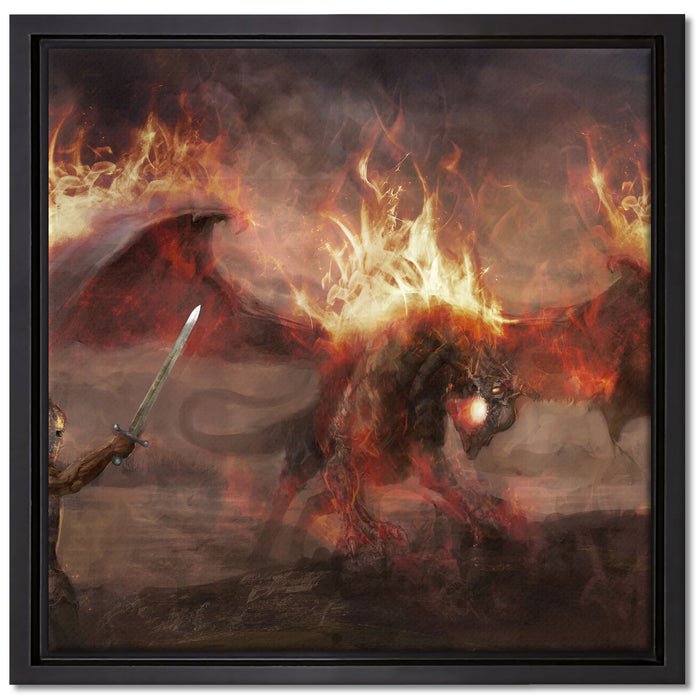 Ritter Drachen Feuer auf Leinwandbild Quadratisch gerahmt Größe 40x40
