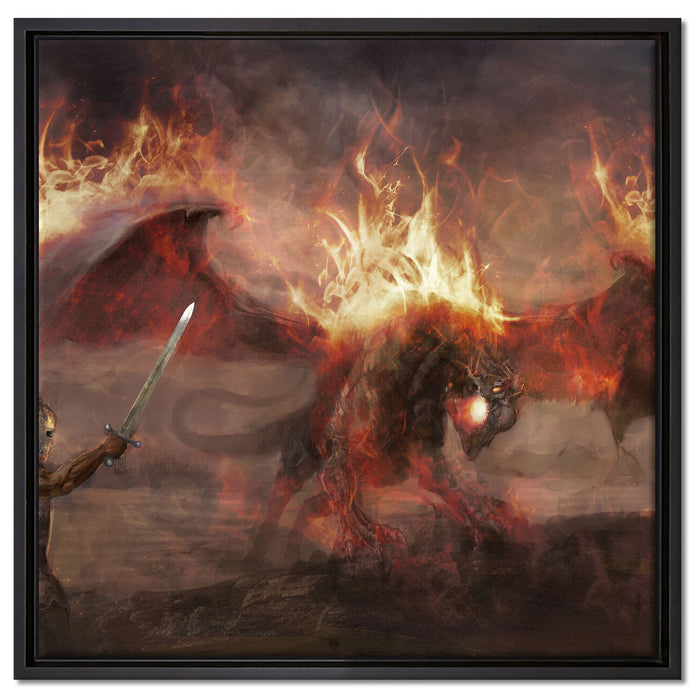 Ritter Drachen Feuer auf Leinwandbild Quadratisch gerahmt Größe 60x60