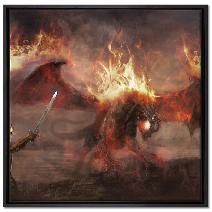 Ritter Drachen Feuer auf Leinwandbild Quadratisch gerahmt Größe 70x70