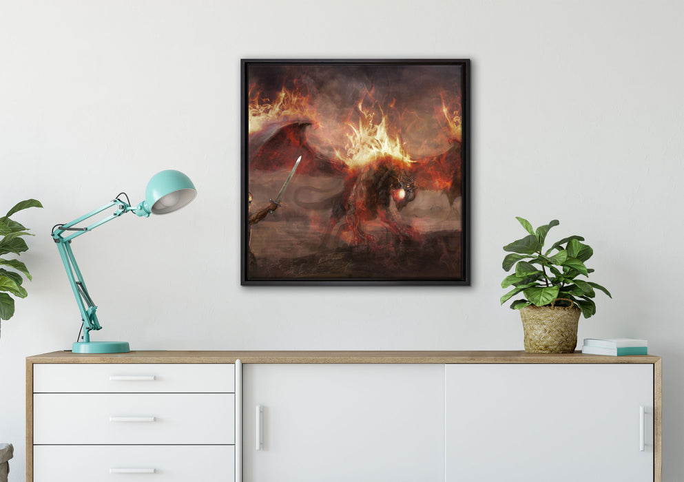 Ritter Drachen Feuer auf Leinwandbild gerahmt Quadratisch verschiedene Größen im Wohnzimmer