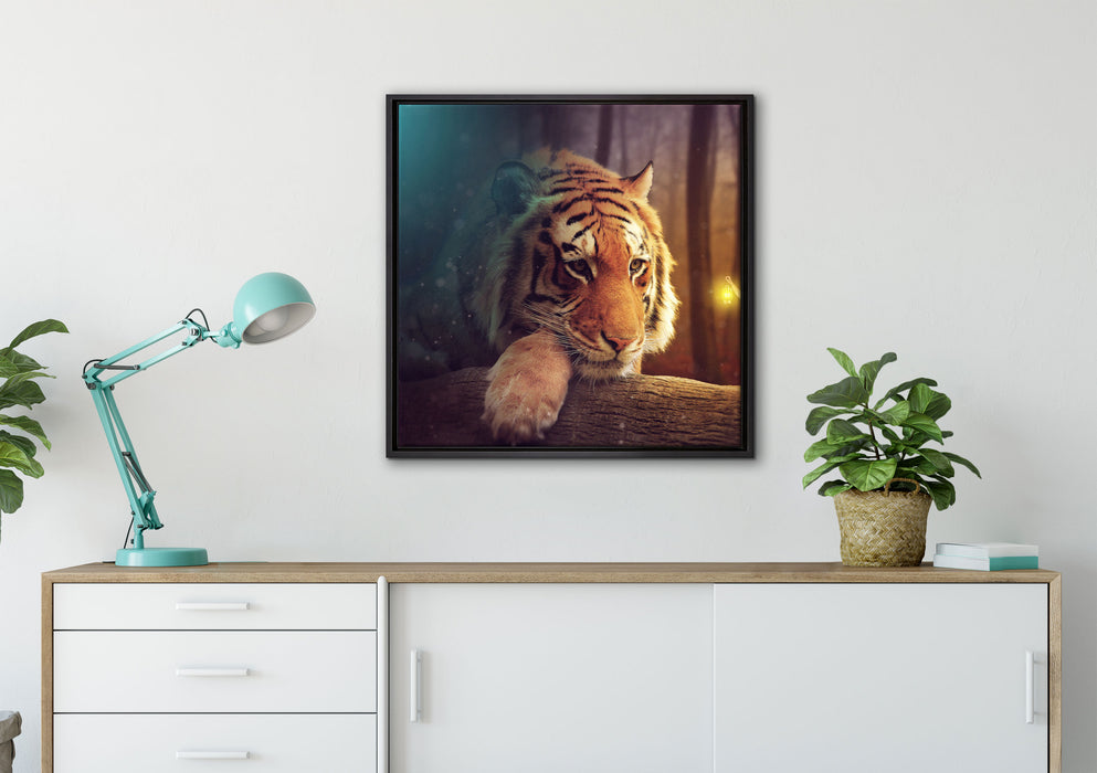 Eine Frau und ein Riesen-Tiger auf Leinwandbild gerahmt Quadratisch verschiedene Größen im Wohnzimmer