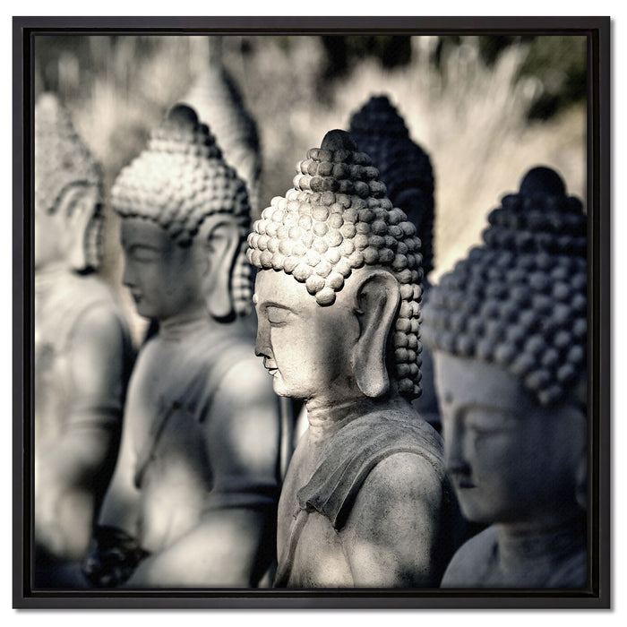Buddha-Statuen in einer Reihe auf Leinwandbild Quadratisch gerahmt Größe 60x60