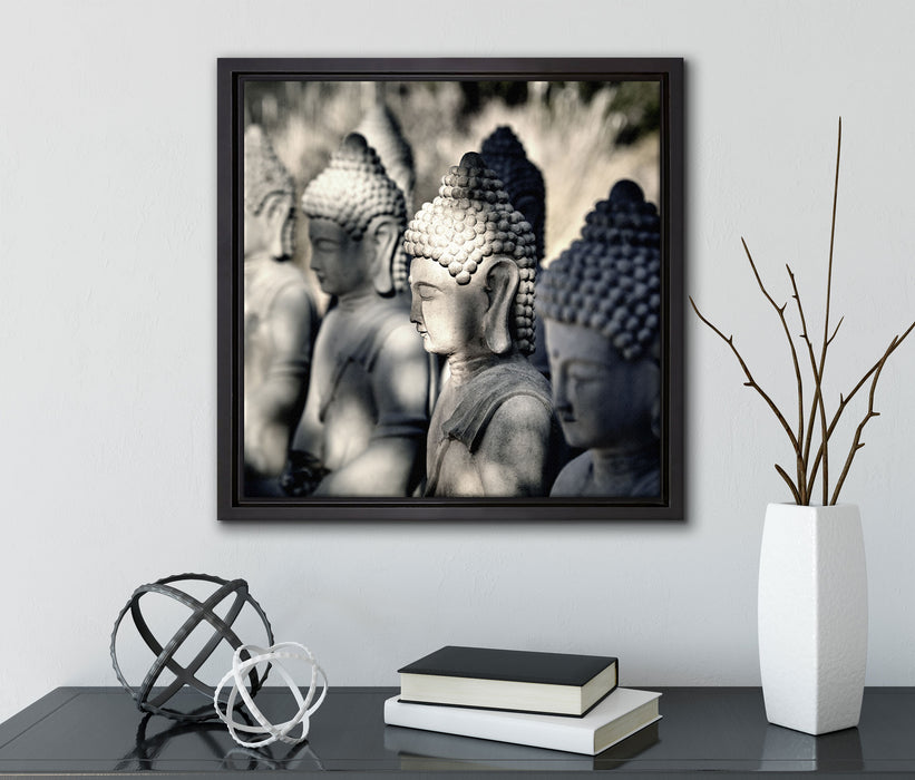 Buddha-Statuen in einer Reihe  auf Leinwandbild Quadratisch gerahmt mit Kirschblüten