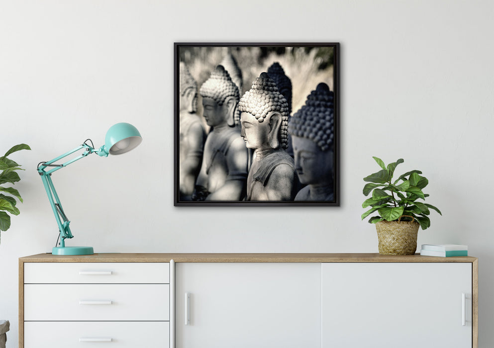 Buddha-Statuen in einer Reihe auf Leinwandbild gerahmt Quadratisch verschiedene Größen im Wohnzimmer