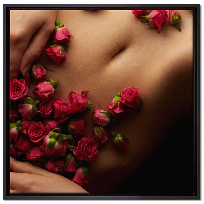 weiblicher Körper mit Rosen Blumen auf Leinwandbild Quadratisch gerahmt Größe 70x70