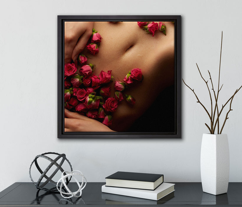 weiblicher Körper mit Rosen Blumen  auf Leinwandbild Quadratisch gerahmt mit Kirschblüten