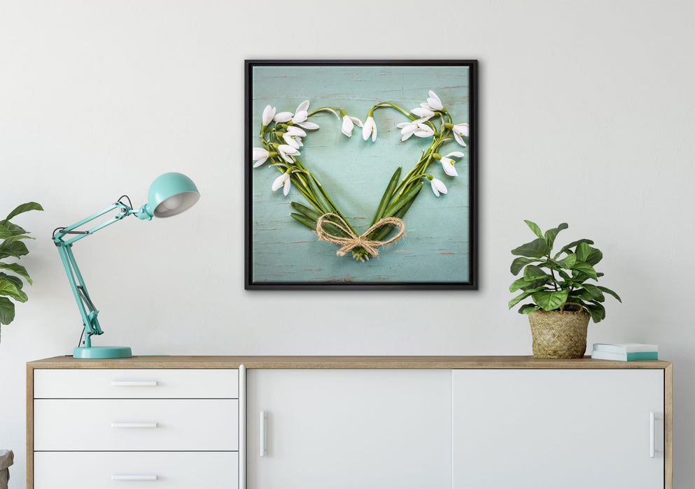 Herz aus Blumen auf Leinwandbild gerahmt Quadratisch verschiedene Größen im Wohnzimmer
