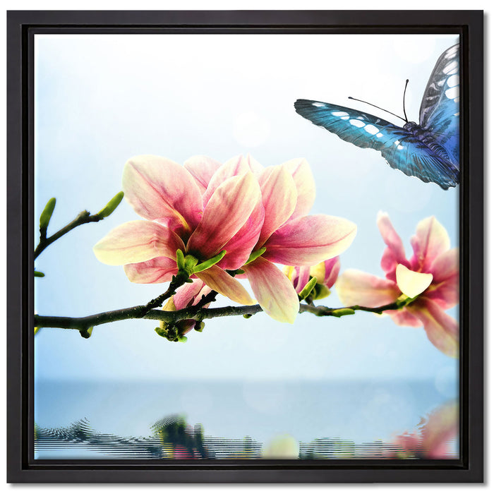 Schmetterling mit Magnolien-Blüte auf Leinwandbild Quadratisch gerahmt Größe 40x40