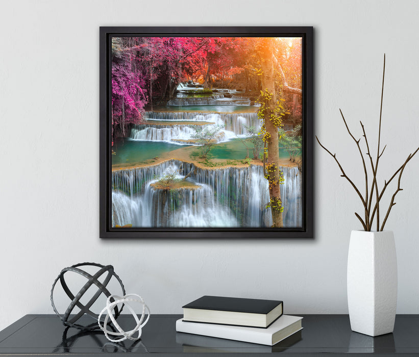 Wasserfall im Regenwald  auf Leinwandbild Quadratisch gerahmt mit Kirschblüten