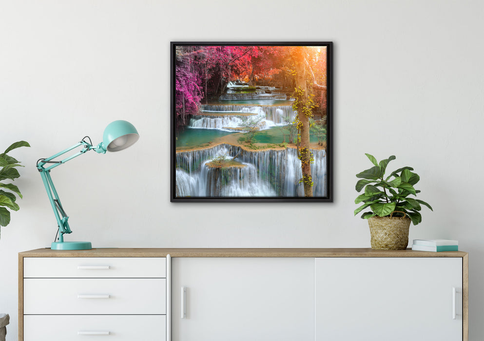 Wasserfall im Regenwald auf Leinwandbild gerahmt Quadratisch verschiedene Größen im Wohnzimmer