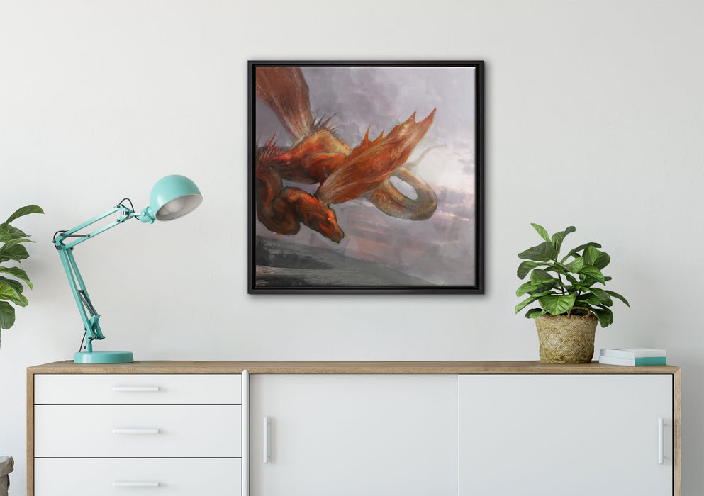 Roter Schlangendrache auf Leinwandbild gerahmt Quadratisch verschiedene Größen im Wohnzimmer