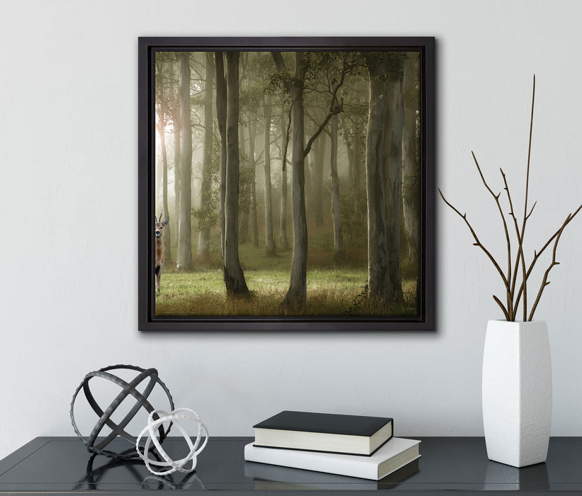 Hirsch im Wald  auf Leinwandbild Quadratisch gerahmt mit Kirschblüten