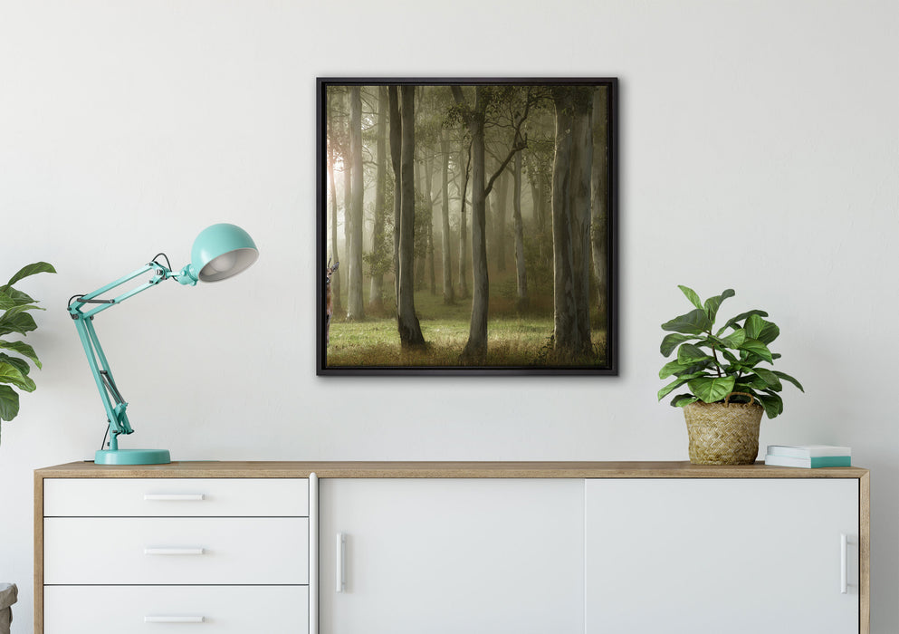 Hirsch im Wald auf Leinwandbild gerahmt Quadratisch verschiedene Größen im Wohnzimmer