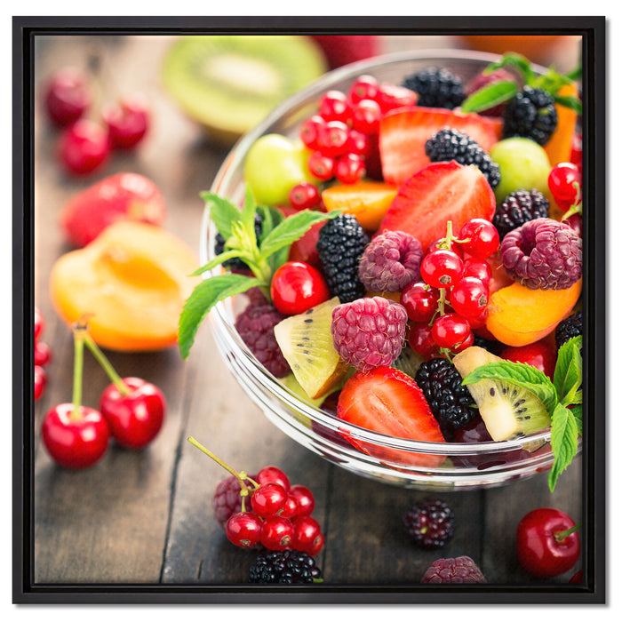Obstsalat in der Schüssel auf Leinwandbild Quadratisch gerahmt Größe 60x60