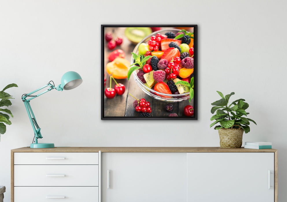 Obstsalat in der Schüssel auf Leinwandbild gerahmt Quadratisch verschiedene Größen im Wohnzimmer