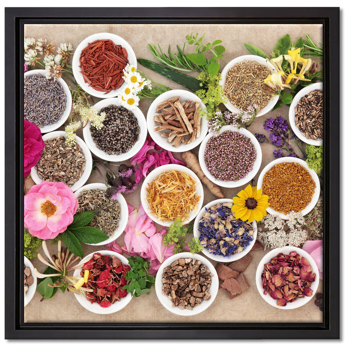 Heilende Kräuter und Blumen auf Leinwandbild Quadratisch gerahmt Größe 40x40