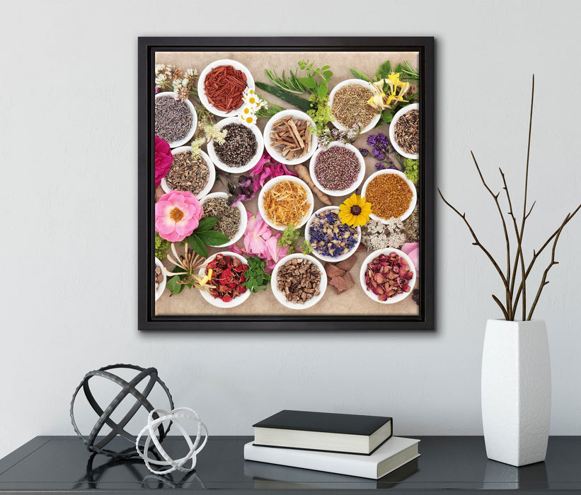 Heilende Kräuter und Blumen  auf Leinwandbild Quadratisch gerahmt mit Kirschblüten