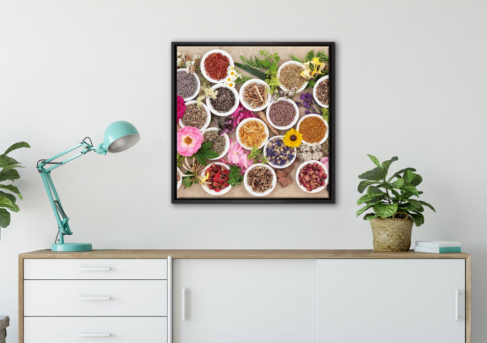 Heilende Kräuter und Blumen auf Leinwandbild gerahmt Quadratisch verschiedene Größen im Wohnzimmer
