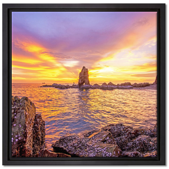 Küstenlinie mit Sonnenuntergang auf Leinwandbild Quadratisch gerahmt Größe 40x40