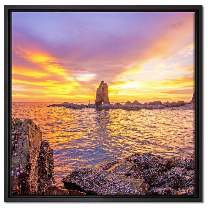 Küstenlinie mit Sonnenuntergang auf Leinwandbild Quadratisch gerahmt Größe 60x60