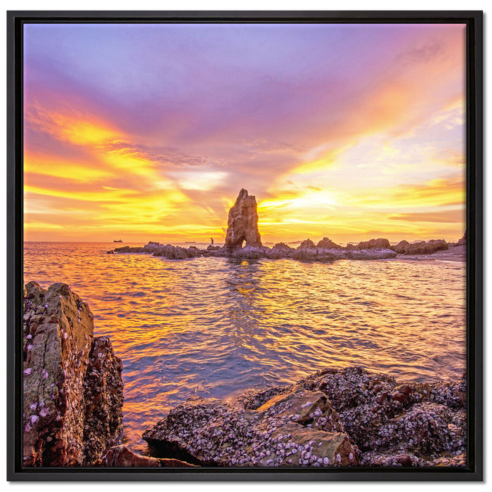 Küstenlinie mit Sonnenuntergang auf Leinwandbild Quadratisch gerahmt Größe 70x70