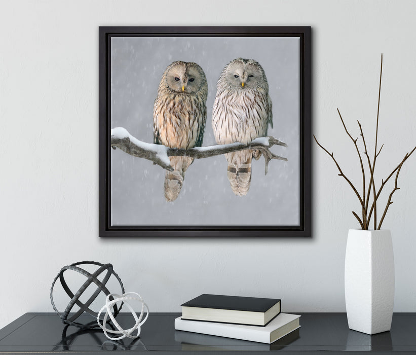 Zwei Eulen in Winterlandschaft  auf Leinwandbild Quadratisch gerahmt mit Kirschblüten