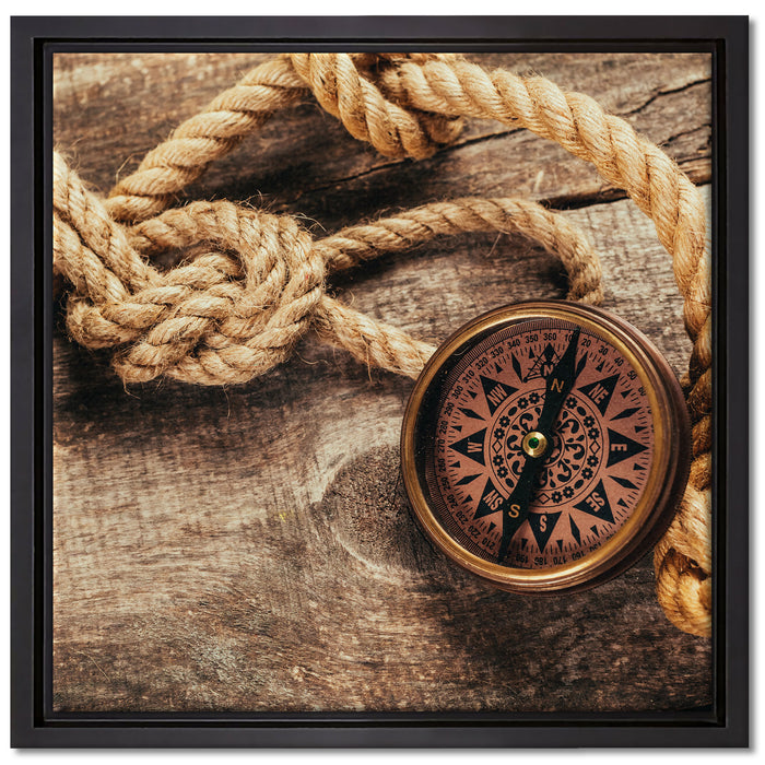Schiffseil und Kompass auf Leinwandbild Quadratisch gerahmt Größe 40x40