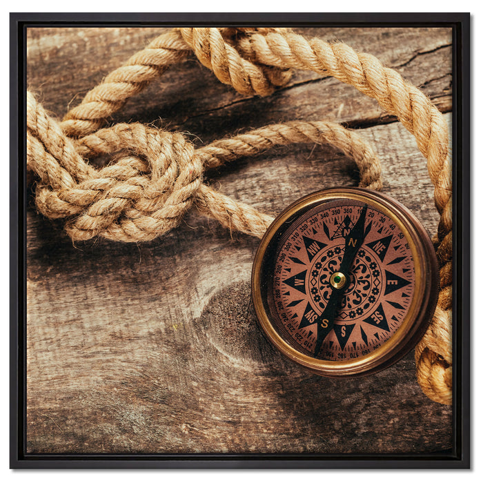 Schiffseil und Kompass auf Leinwandbild Quadratisch gerahmt Größe 60x60