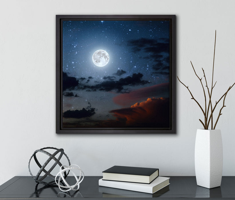Leuchtender Mond am Nachthimmel  auf Leinwandbild Quadratisch gerahmt mit Kirschblüten